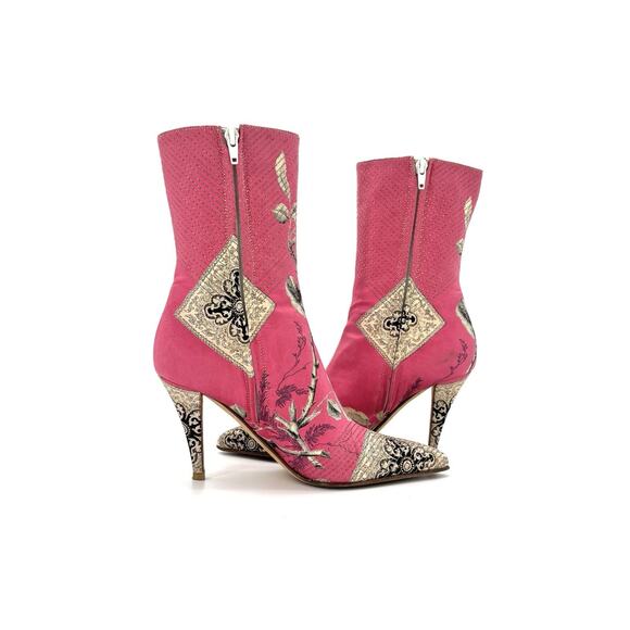Roberto Cavalli Pink Patchwork Floral Print Pointed Toe Heeled Boots 38 - Picture 3 of 9